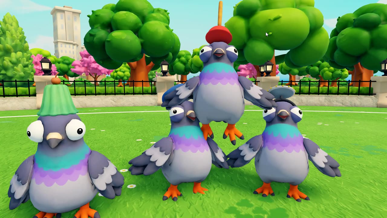 Three pigeons wearing silly hats