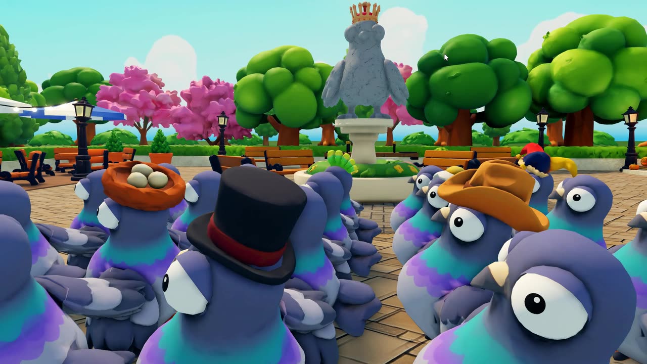 Hatted pigeons gathered in the lobby plaza